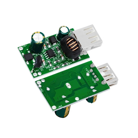 Badass 4 Pack USB Car Charger Module, 5V 2A Step Down Converter Buck Board, green PCB with USB ports and components.