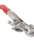 Close-up of a Beefy Heavy Duty Toggle Clamp Set For Vehicles, 400lb Capacity Stainless Steel Pull Latches Kit with red handle.