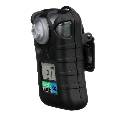 Side view of a Single Gas Detector For Oxygen O2 Range 19.52% To 23.0%, Portable Handheld Monitor with LCD display and clip.