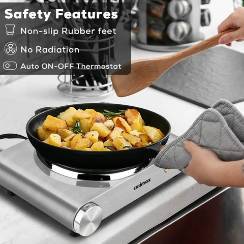 Cooking on 1500W Electric Hot Plate Single Burner With Quick Heat Up, Adjustable Temperature Control, Stainless Steel Portable Stove