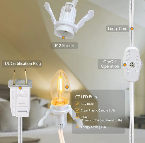 Close-up of 2 Pack Accessory Cord with LED night light bulbs, showing E12 socket, C7 LED bulb, on/off switch, and white cord for decor.