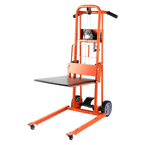 VEVOR manual lift stacker with winch, 330 lb capacity, 42.9 in lift, orange pallet truck with swivel casters