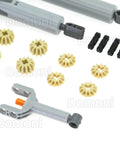 22-piece Lego-compatible linear actuator kit with grey actuators, beige gears, and black pins