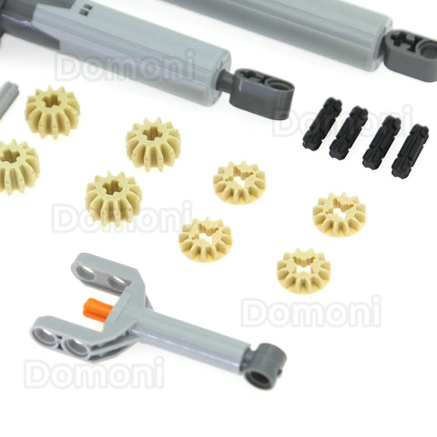 22-piece Lego-compatible linear actuator kit with grey actuators, beige gears, and black pins