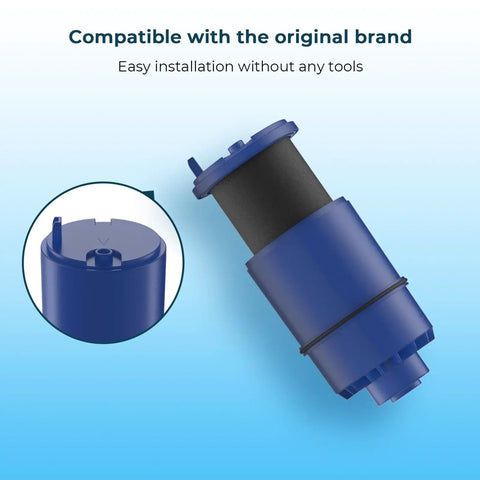 Close-up of Compatible PUR Water Filter Replacement Cartridges in blue, showcasing fitment detail for RF9999 RF3375 Faucets