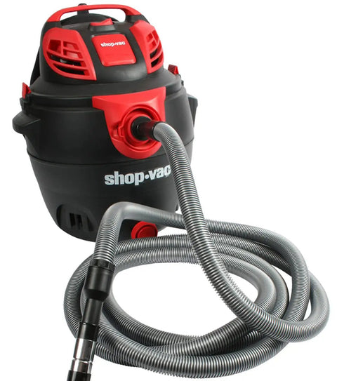 30 Ft Go-To Premium Shop Vacuum Extension Hose With 2 Tank Adapters And 1.25 Inch Curved End, attached to shop-vac, silver