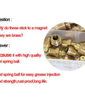 Front view of brass Zerk grease fittings assortment, includes 1/4 and 1/8 sizes, straight and 90/45-degree angled