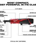 Pro Grade 3/8 Inch Cordless Ratchet With 12 Volt Lithium Ion Pack shows features like battery gauge, rubber overmold, and LED light.