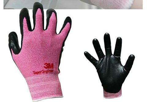 Image of Nitrile Work Gloves With Foam Coating And Smart Touch For Phone Use, 5 Pairs Medium Pink, Non Slip Grip, palm and back view