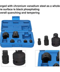 Eight Piece Pneumatic Sleeve Adapter Set Double Ended Socket Reducers For Quick Vehicle Repairs in blue toolbox