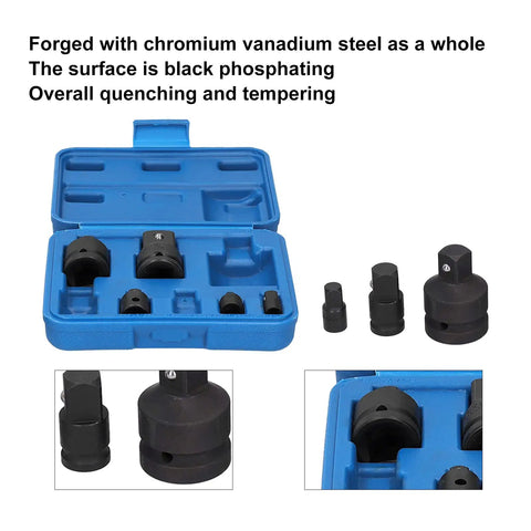 Eight Piece Pneumatic Sleeve Adapter Set Double Ended Socket Reducers For Quick Vehicle Repairs in blue toolbox