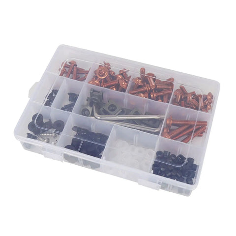 Ultimate 210-Piece Stainless Steel Fairing Bolt And Fastener Kit For Top Motorcycles with organized compartments in box