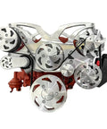 Front view of Serpentine Pulley Conversion Kit With AC PS And Alternator for Small Block Chevy on engine