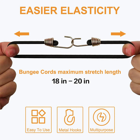 Elastic Bungee Cords With Metal Hooks 10 Pack Mini Rubber Straps, hands stretching cord, showing elasticity range 18-20 inches