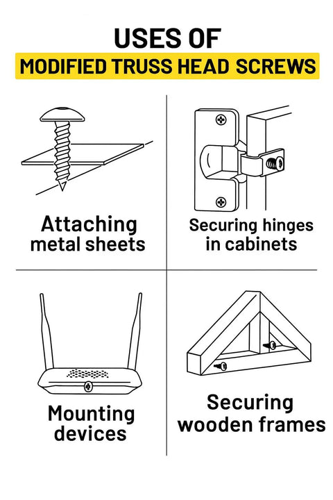 Illustration of uses for Number 8 X 1 Inch Zinc Plated Truss Head Wood Screws 100 Pack Phillips Drive Carbon Steel Fasteners.
