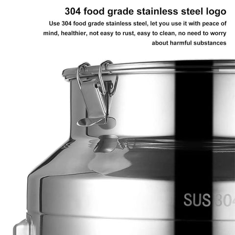 Heavy Duty 304 Stainless Steel Storage Bucket With Lid And Handle For Rice Grain Coffee Beans Dog Food Wine Milk Tank close-up of logo and clasp.