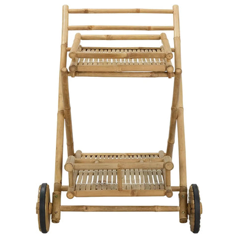 Premium Bamboo Serving Trolley Featuring Slick Smooth Rolling Casters For Easy Room To Room Transit And A Rock Solid Mobile Bar Or Kitchen Rolling Cart Option Built To Conquer Your Daily Grind Without Breaking A Sweat, front view with two shelves.