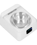 Slick Smart Automatic Pet Feeder With Induction Auto Opening Lid For Dogs And Cats High Grade Food Bowl No Sweat Cleaning Premium Robust Feeding Station, white bowl with digital display.