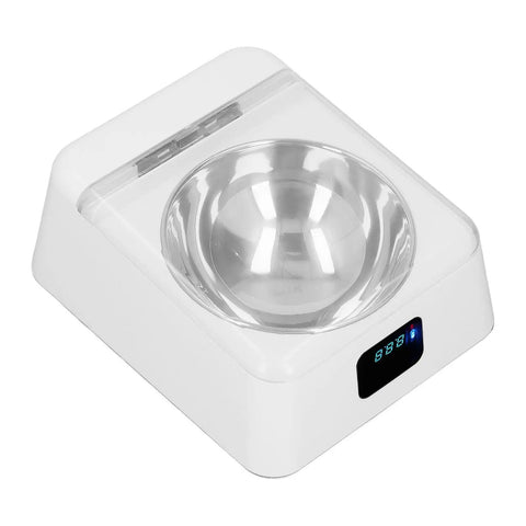 Slick Smart Automatic Pet Feeder With Induction Auto Opening Lid For Dogs And Cats High Grade Food Bowl No Sweat Cleaning Premium Robust Feeding Station, white bowl with digital display.
