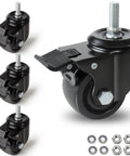 Heavy Duty 3 Inch Swivel Caster Wheels With Half Inch Diameter, 13 TPI, 1 Inch Threaded Stem, Brake, Low Profile Design, Set Of 4 For Cart And Furniture, Each Caster Supports Up To 4400 Lbs shown with nuts and washers