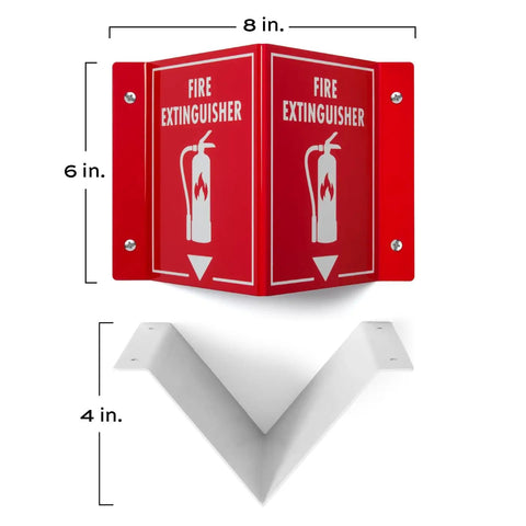 3D Fire Extinguisher Wall Sign With Projecting Design For Easy Emergency Visibility And Quick Access Indoor Durable OSHA Compliant Fire Safety Sign Measures Six By Eight By Four Inches For High Visibility And No Nonsense Reliability, shown with dimensions.