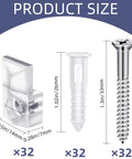 32 Pack Slick Clear Plastic Mirror Clips With Rock Solid Rust Resistant Metal Screws Frameless Glass Mounting Hardware For Wall Cabinet Door And Picture Frames Straight Up Easy Install size guide showing dimensions of clips and screws.