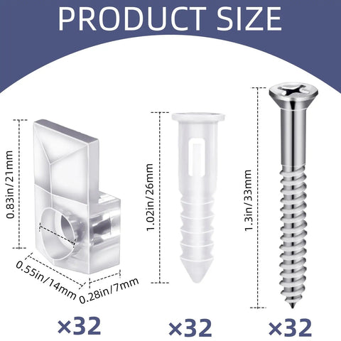 32 Pack Slick Clear Plastic Mirror Clips With Rock Solid Rust Resistant Metal Screws Frameless Glass Mounting Hardware For Wall Cabinet Door And Picture Frames Straight Up Easy Install size guide showing dimensions of clips and screws.