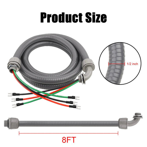Half Inch AC Whip Assembly Kit 8 Ft Non Metallic Liquid Tight Conduit With 10/3 THHN Wire for outdoor use, shown coiled with wires