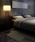 Tall 62 Inch Floor Lamp With Black Metal Base, White Fabric Drum Shade And 9W LED Bulb in a modern bedroom setting