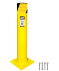 Heavy Duty Steel Bollards 42 Inches Tall With Yellow Black Reflective Tape And Concrete Fillable Core For Bulletproof Garage Boundary Shield and No Sweat Outdoor Install Kit with mounting bolts.
