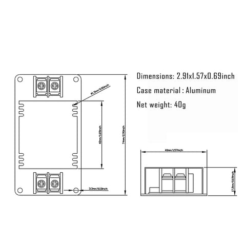 Technical drawing of Solid 50W Buck Converter Power Module 12V 24V To 5V 10A DC To DC Step Down Regulator with dimensions.