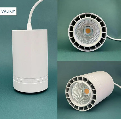 Solid Aluminum Hanging Grow Light For Houseplants 40W Full Spectrum Warm White With Built In Timer 15Ft Fabric Cord Decorative Pendant Lamp view from the side and top.