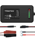 Heavy Duty 14.6V 4A LiFePO4 Smart Battery Charger And Maintainer featuring LED readouts and SAE connectors on a black background.