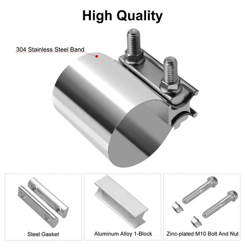 3 Inch Stainless Steel Exhaust Clamp Set For Butt Joint Connection showing steel band, gasket, alloy block, bolts, and nuts