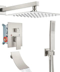 Three Function Shower Faucet System With Waterfall Tub Spout And Handheld Combo, 10 Inch Wall Mount Rainfall Showerhead, Brushed Nickel Finish, Includes Rough In Valve, Solid Brass Construction