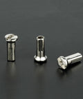 Three silver bike spoke nipples from 50 Pcs Pack Ultralight Steel Bike Spoke Nipples 12G 13G 14G In Black And Silver High Strength Wheel Spoke Nipples Caps Fits 2.0 To 2.6mm Spokes Great For Road And Mountain Bikes Adds Style And Protection on black background.