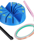 Multi Angle Soldering Jig Kit For Stained Glass Projects With 30 60 90 120 150 180 Degree Settings, blue jig, pink tweezer, black foiler, copper tape
