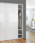 Sliding Closet Door Hardware Kit With 47 Inch Double Track For Two Bypass Doors Up To 100 Lbs Per Door Ceiling Mounted Top Hung Track Cut To Fit Five Eighths To One And A Half Inch Doors In Silver Finish installed in a modern living room.