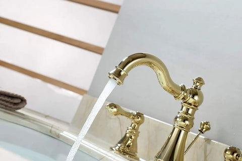 8 Inch Widespread Polished Brass Bathroom Faucet With Two Handles And Brass Pop Up Drain For 3 Hole Sink Lead Free CUPC NSF Certified Easy Install