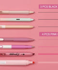 Gel Pen And Highlighter Journal Set Featuring A 7 Piece Assortment Of Pastel And Neutral Colors With 0.5mm Twin Ball Fine Point Gel Pens And 0.7mm Black Retractable Pen Smooth Writing No Bleed Perfect For Journaling And Doodling, showing pink and black ink pens on pink background.