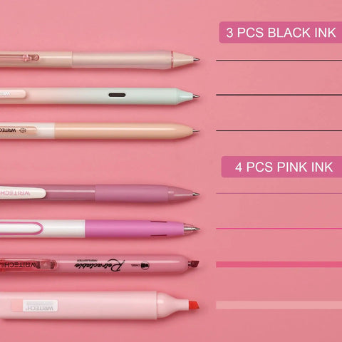 Gel Pen And Highlighter Journal Set Featuring A 7 Piece Assortment Of Pastel And Neutral Colors With 0.5mm Twin Ball Fine Point Gel Pens And 0.7mm Black Retractable Pen Smooth Writing No Bleed Perfect For Journaling And Doodling, showing pink and black ink pens on pink background.