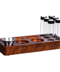 Keep Your Grounds Fresh As A Bell With This Six Tube Single Dose Coffee Bean Storage Jar Set Featuring One Way Exhaust Valves And A Smart Hopper For Flawless 22 To 25 Gram Portions To Brew On Point Daily, showing a wooden holder with six glass tubes and a funnel.