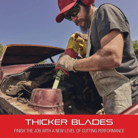 Worker using Beefy King Cut Bi-Metal Reciprocating Saw Blade For Fire Rescue And Demolition on rusty metal car part