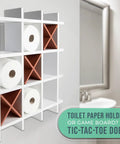 Rustic Tic Tac Toe Toilet Paper Holder And Farmhouse Bath Shelf Distressed White Storage for toilet tissue on bathroom wall.