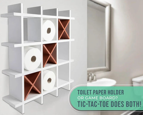 Rustic Tic Tac Toe Toilet Paper Holder And Farmhouse Bath Shelf Distressed White Storage for toilet tissue on bathroom wall.
