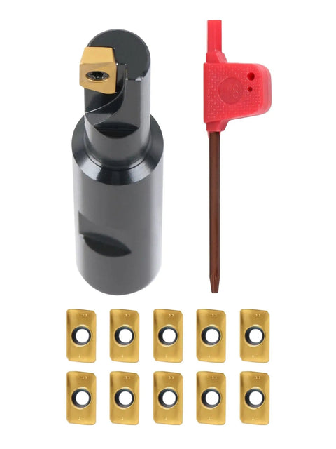 1/2 Inch 90 Degree Square Shoulder Indexable End Mill With 10 Extra APKT11T308 Inserts, 5/8 Inch Shank, 3-1/4 Inch Overall Length, 0.433 Inch Axial Depth Of Cut, 1 Flute Carbide Mill For Smooth Shoulder Milling