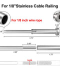 Diagram showing components of 20 Pack Invisible Cable Railing Kit For One Eighth Inch Stainless Steel Cable With Receiver And Swage Stud Ends