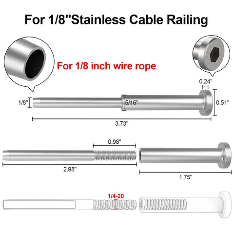 Diagram showing components of 20 Pack Invisible Cable Railing Kit For One Eighth Inch Stainless Steel Cable With Receiver And Swage Stud Ends
