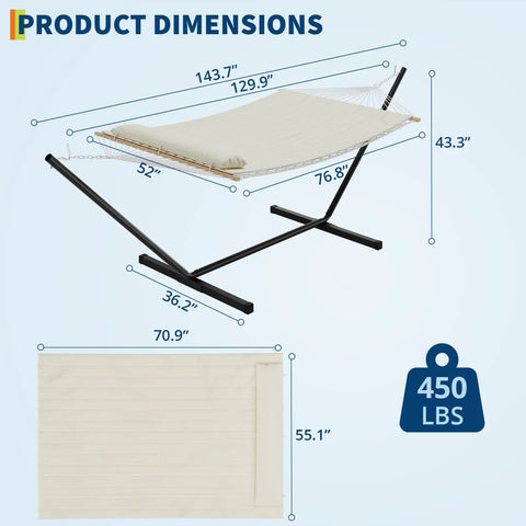 Two Person Outdoor Hammock With 12 Ft Steel Stand For Easy Setup No Trees Needed Portable Beach Patio Garden Chill Vibes 475 Lb Capacity Breathable Cotton Rope And Quilted Pad Weather Resistant Easy Fold Storage Case Included with dimensions and weight limit shown.
