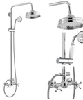 Dope Exposed Shower Faucet Set With 8 Inch Wall Mount Rainfall Head, Handheld Spray, Cross Double Handles, Polished Chrome finish